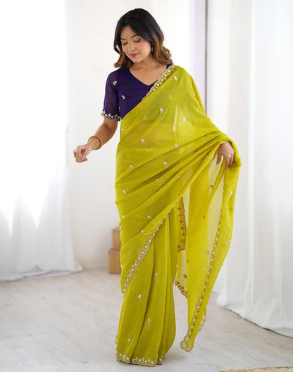 Elegant Soft Chinon Crush saree with intricate zari embroidery and pearl embellished border