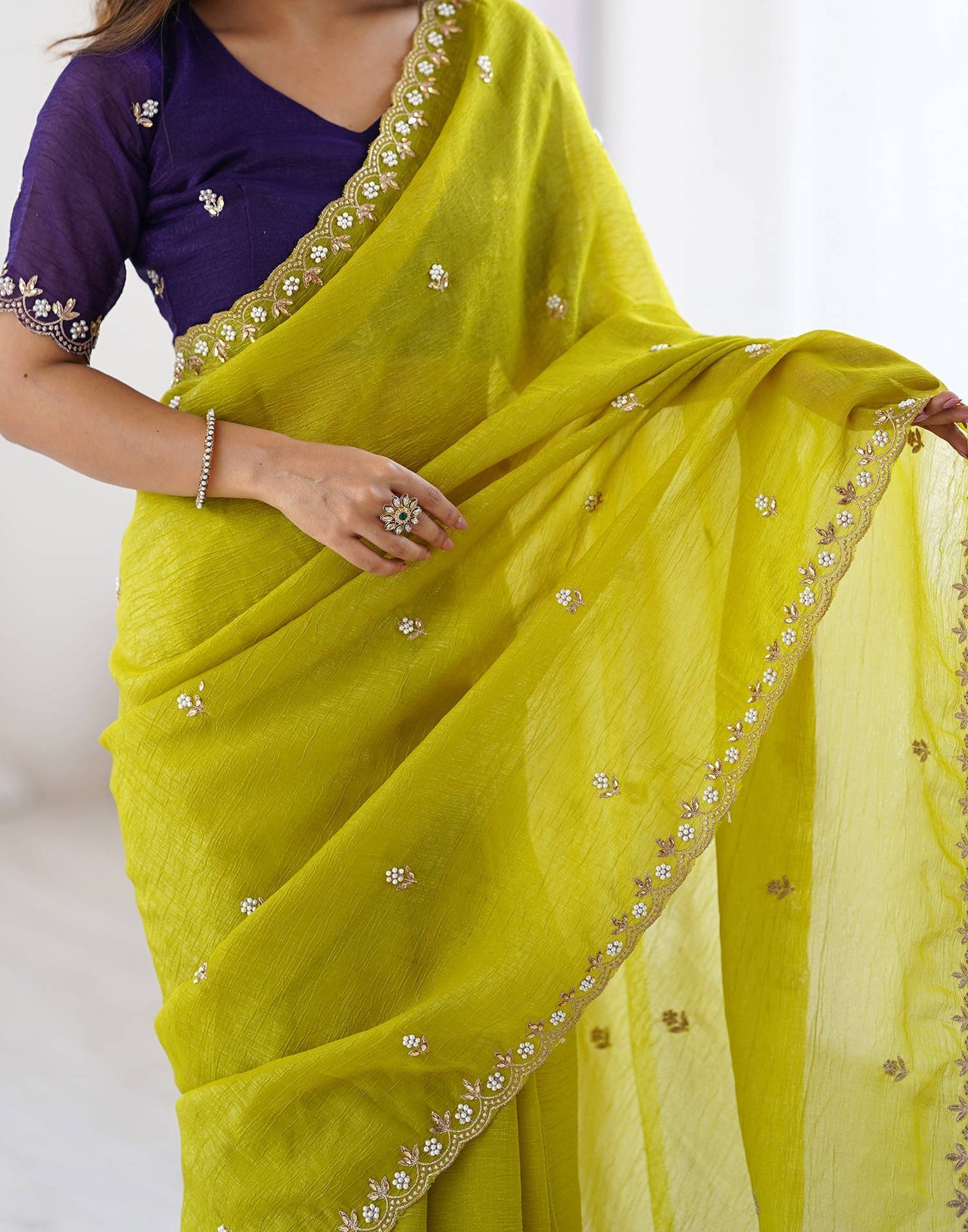 Women's Soft Chinon Crush embroidered saree with white pearl moti work and elegant drape