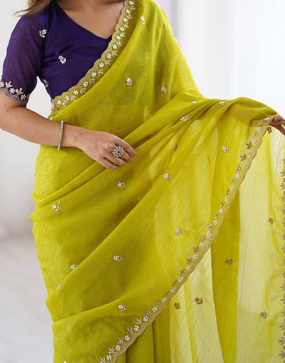 Women's Soft Chinon Crush embroidered saree with white pearl moti work and elegant drape