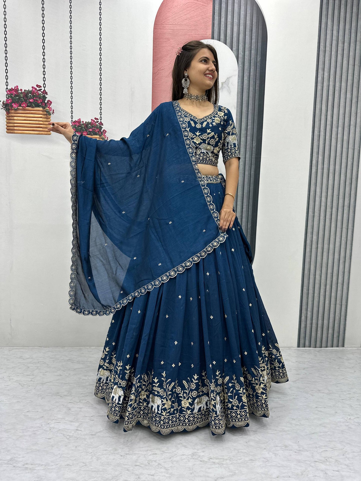 Buy rama blue ethnic lehenga choli with embroidered border and dupatta online