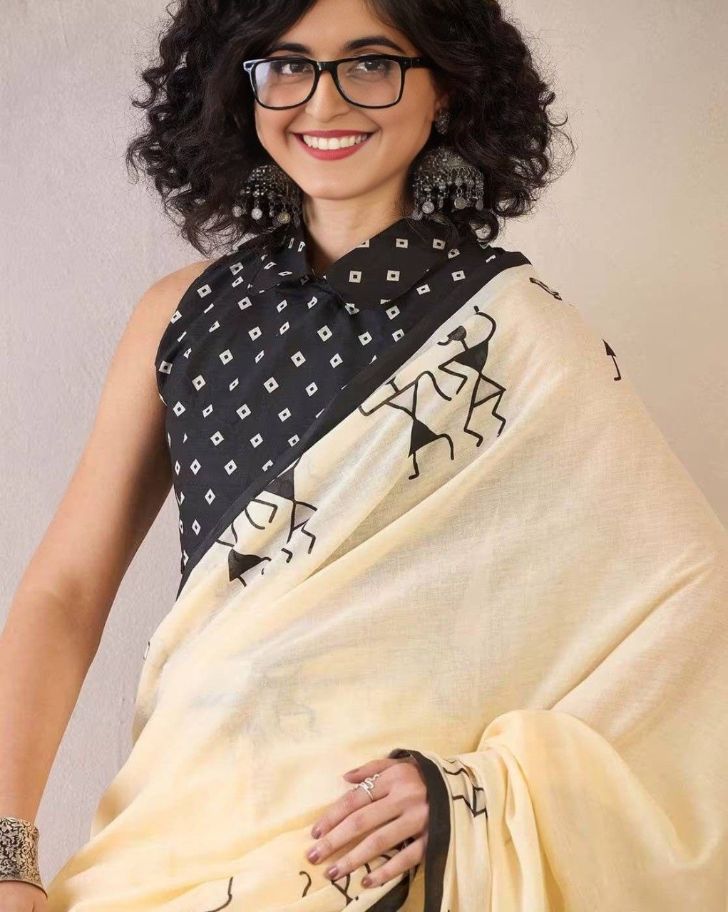 Elegant Cream Linen Cotton Saree with Traditional Warli Art Print and Black Border