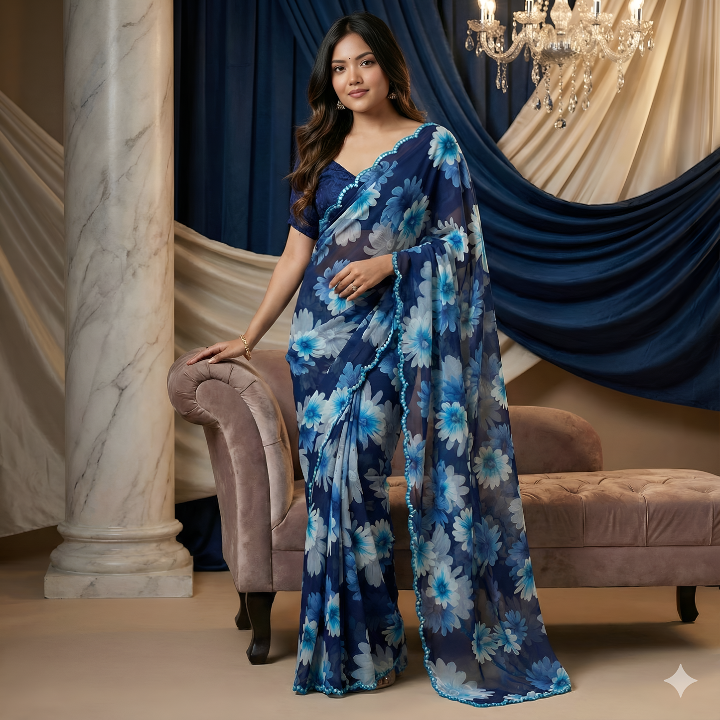 Designer Floral Print Saree | Premium Georgette Silk | Mirror Work Border | Festive Wear Saree