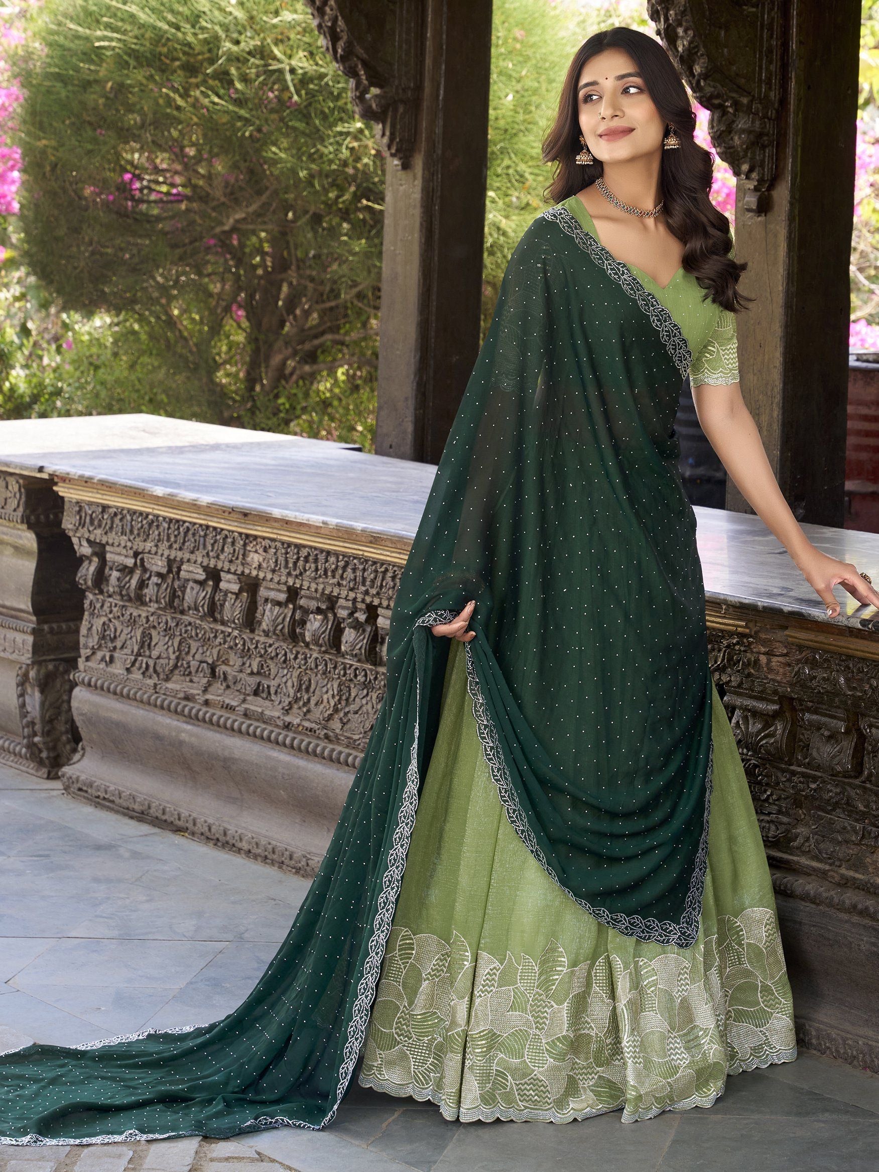 Festive parrot green lehenga with lace work blouse and embellished maroon dupatta