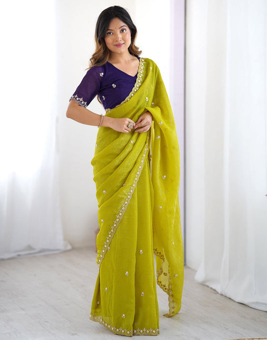 Festive Soft Chinon Crush designer saree with embroidered blouse and pearl work
