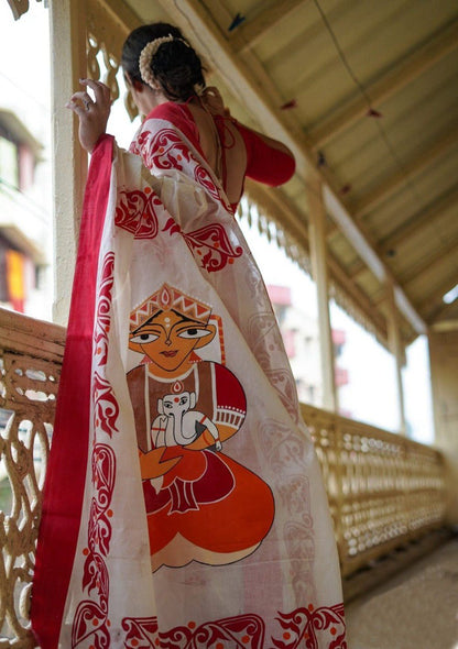 Festive White Red Linen Cotton Ethnic Saree for Women with Traditional Digital Print and Handmade Zalar