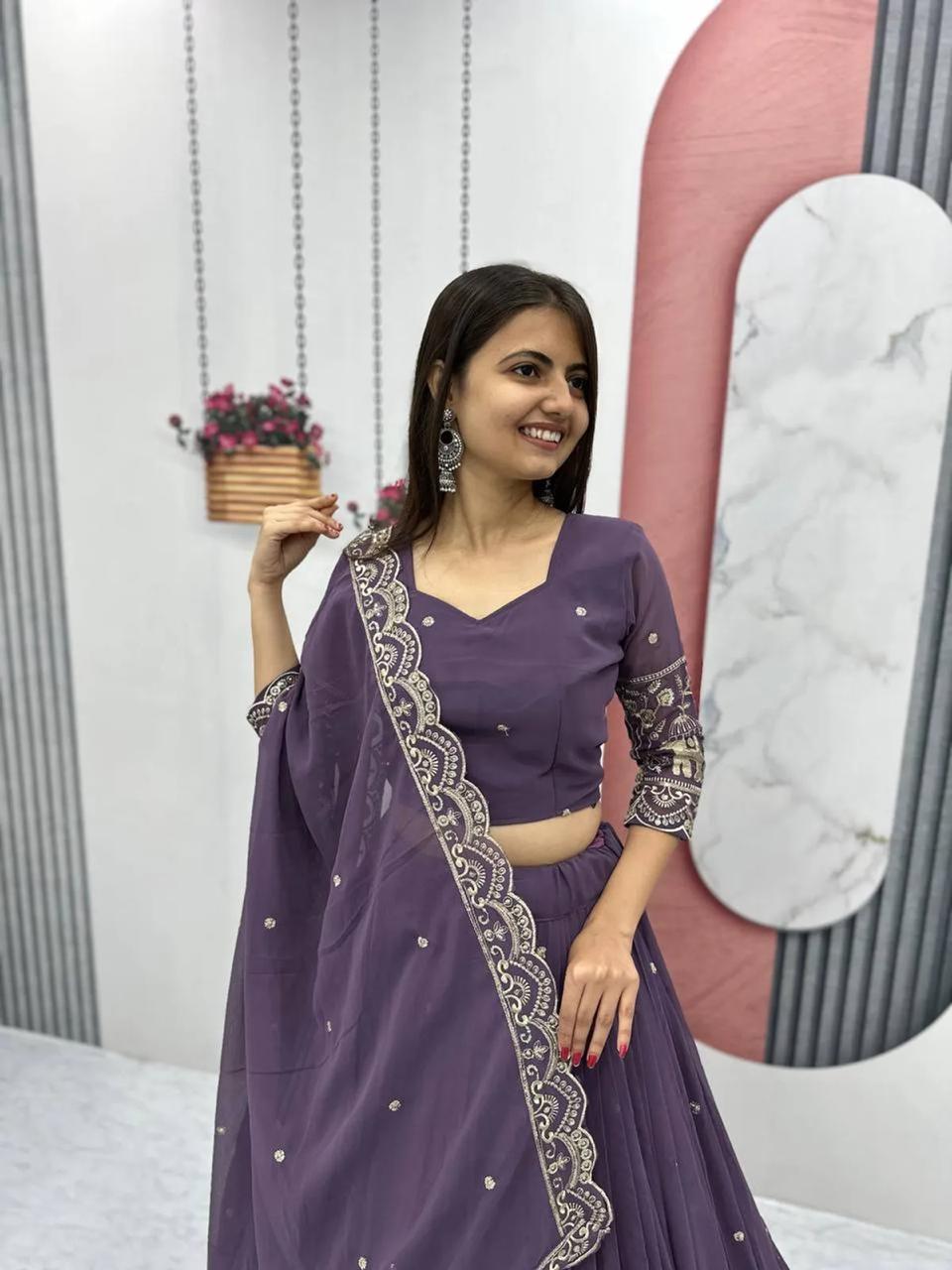 Lavender Purple Embroidered Chinon Silk Lehenga Choli | for Sangeet, Mehendi & Reception