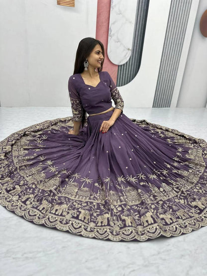 Lavender Purple Embroidered Chinon Silk Lehenga Choli | for Sangeet, Mehendi & Reception