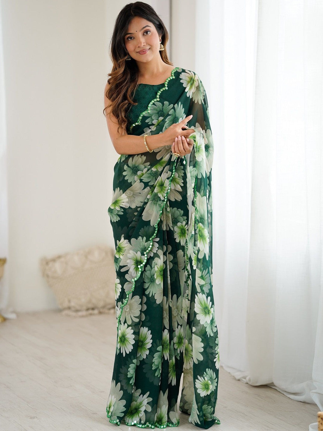 Green georgette silk floral printed saree with mirror work border front view