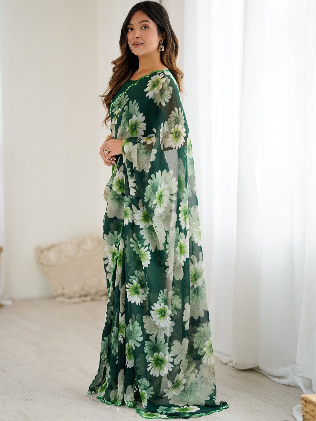 Elegant green floral printed georgette silk party wear saree for women
