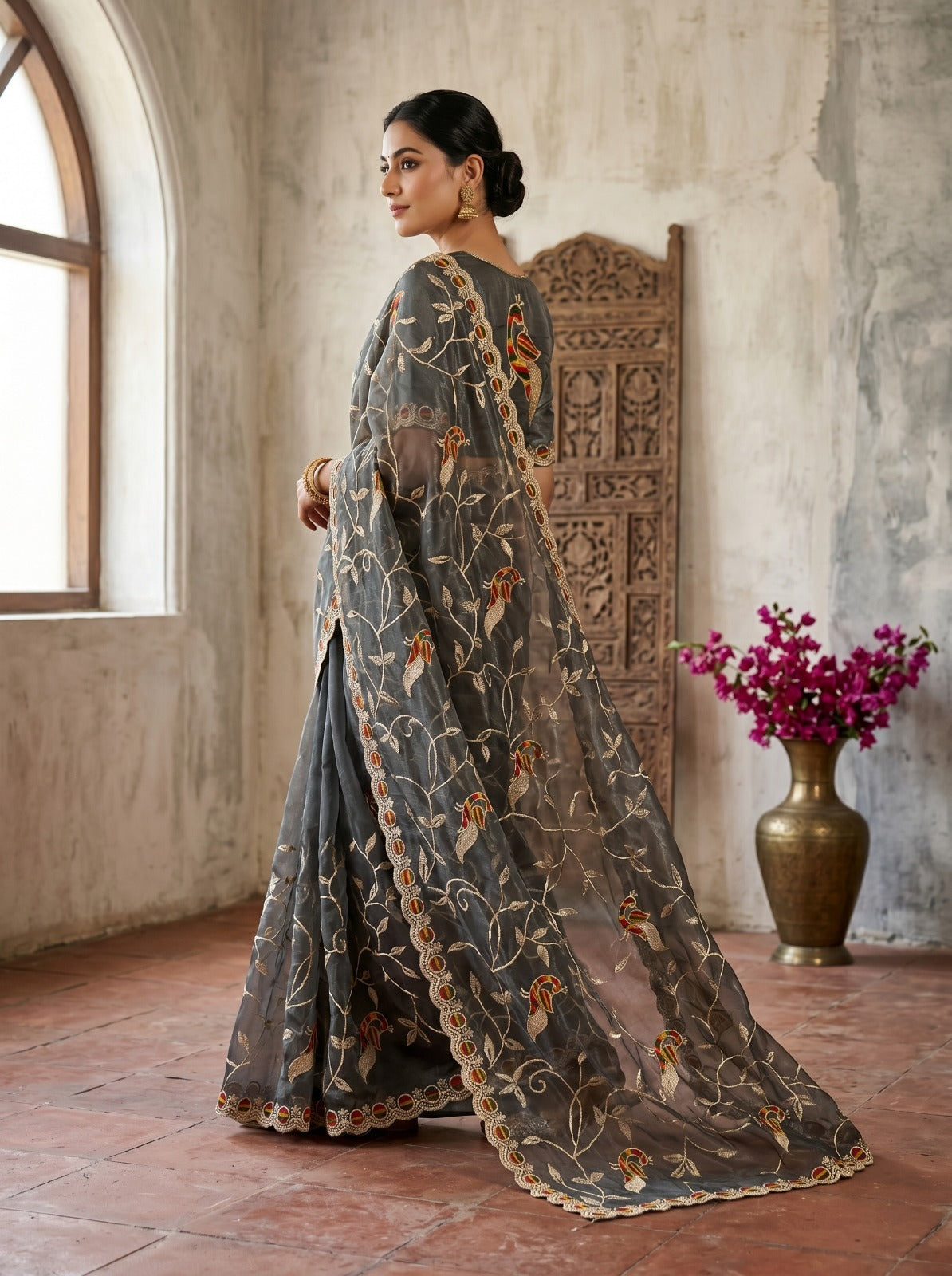 Grey Designer Net Saree with Peacock Thread Embroidery