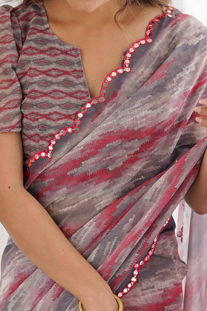 Women's Grey Designer Georgette Saree with Mirror Work