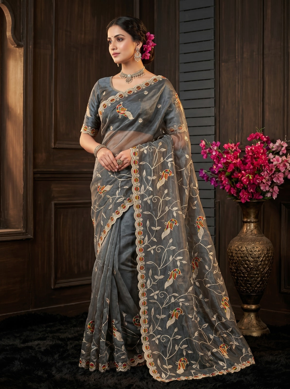 Grey Floral Peacock Embroidered Net Saree for Women