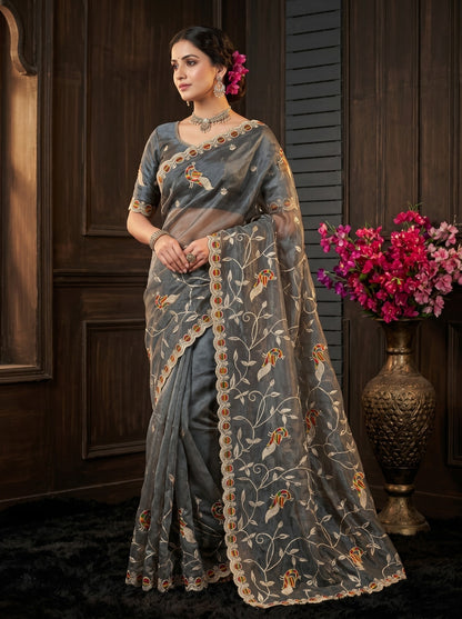Grey Floral Peacock Embroidered Net Saree for Women