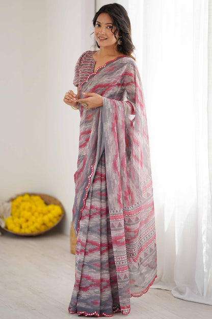 Grey Heavy Georgette Printed Saree with Mirror Work Border