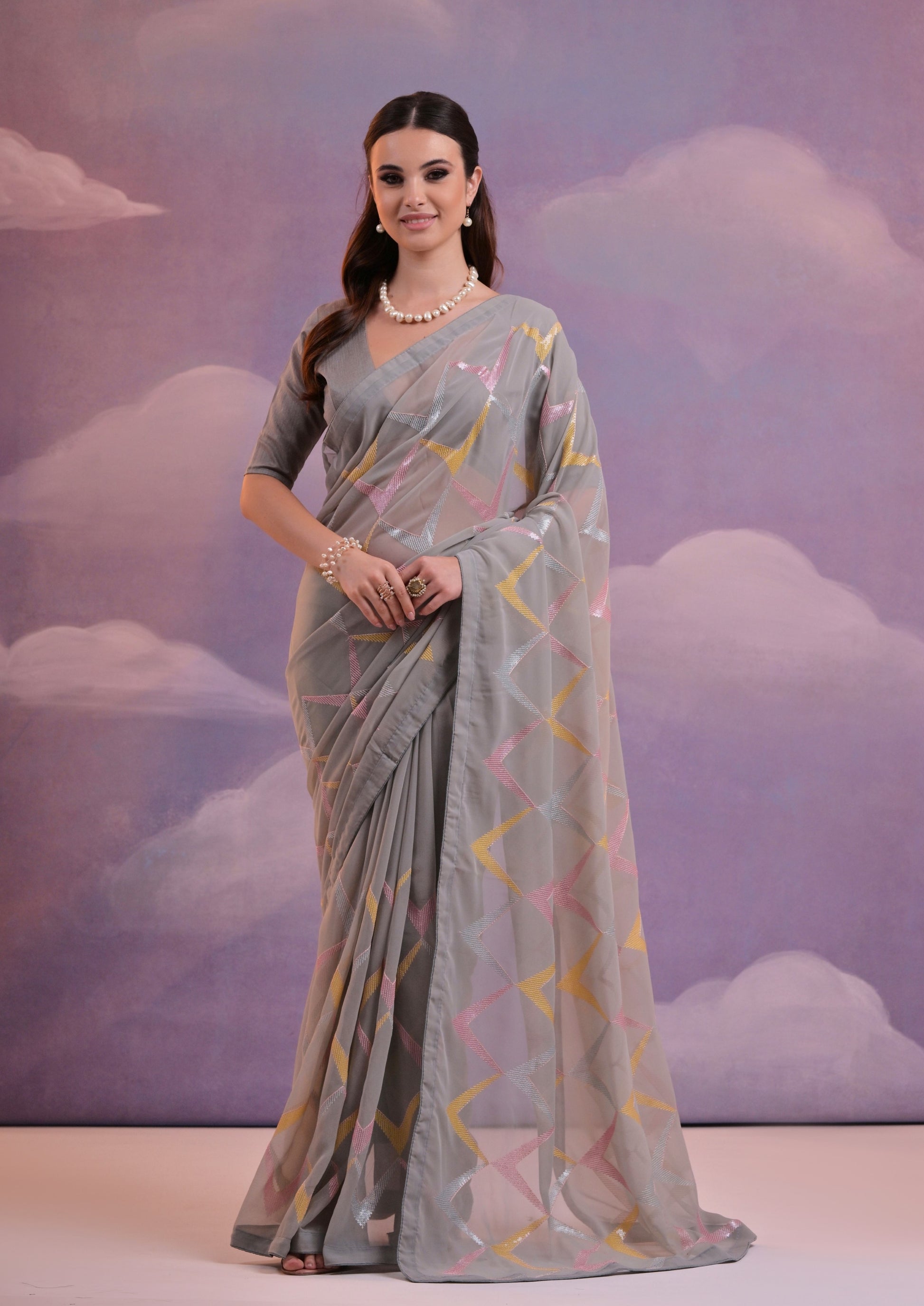 Grey Heavy Georgette Saree with Multi Color Sequin Zigzag Work for Women