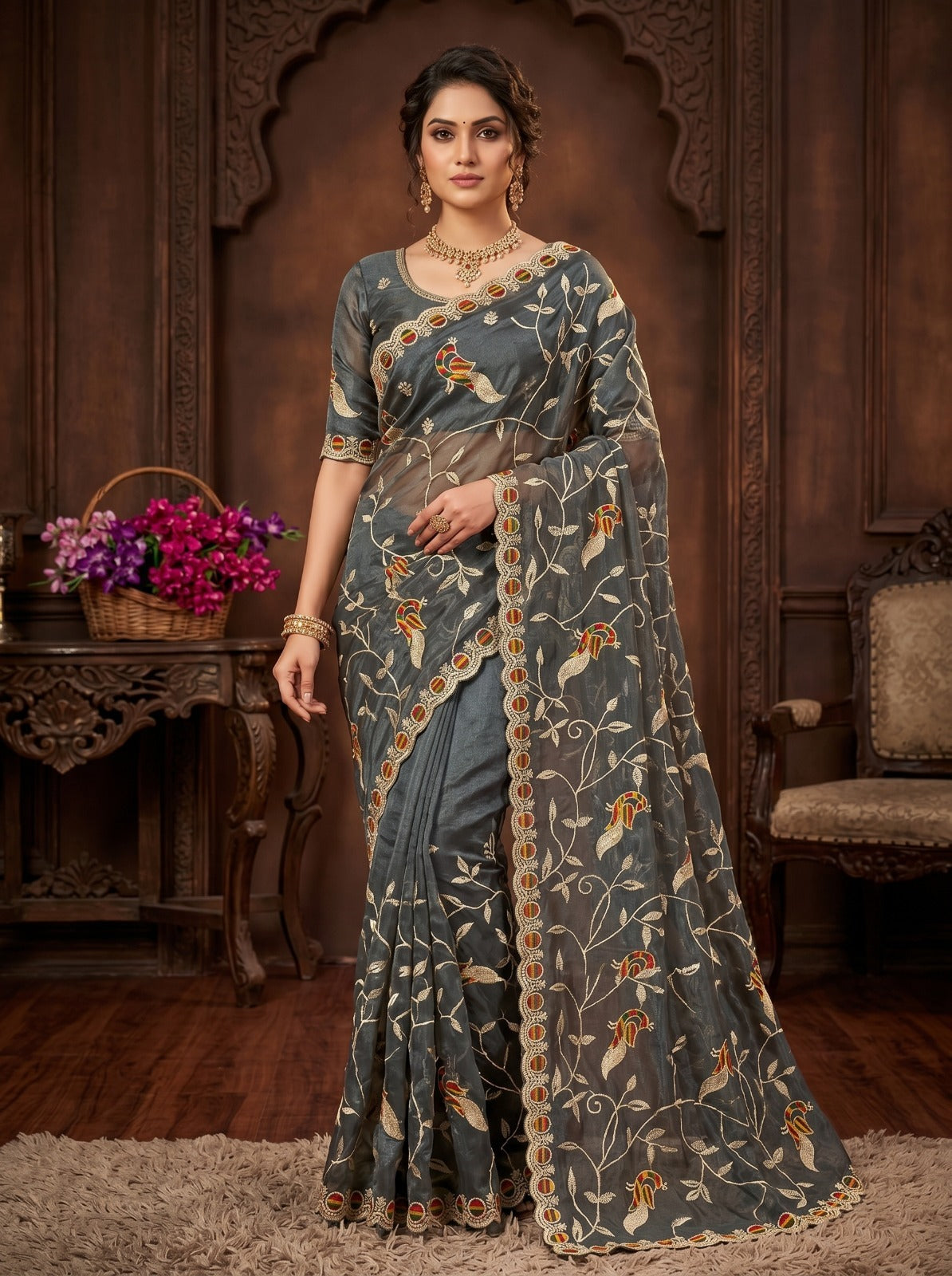 Grey Peacock Embroidered Net Saree for Wedding & Party Wear
