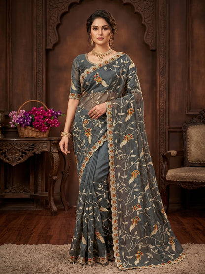 Grey Peacock Embroidered Net Saree for Wedding & Party Wear