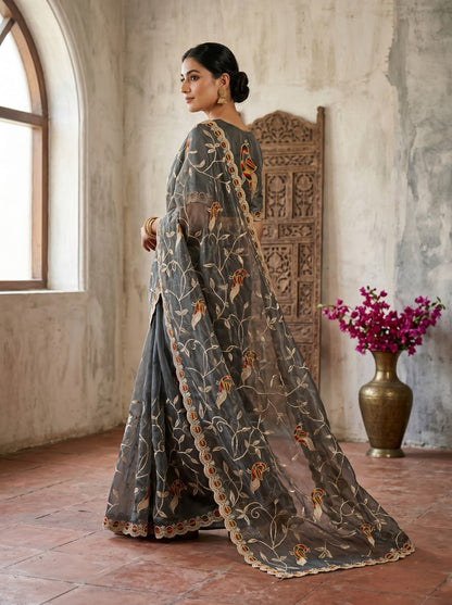 Premium Grey Net Saree with Peacock Embroidery and Designer Border