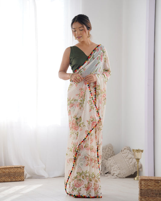 Heavy 1000 Butti Floral Print Saree with Colorful Jhumka Lace Border Front View