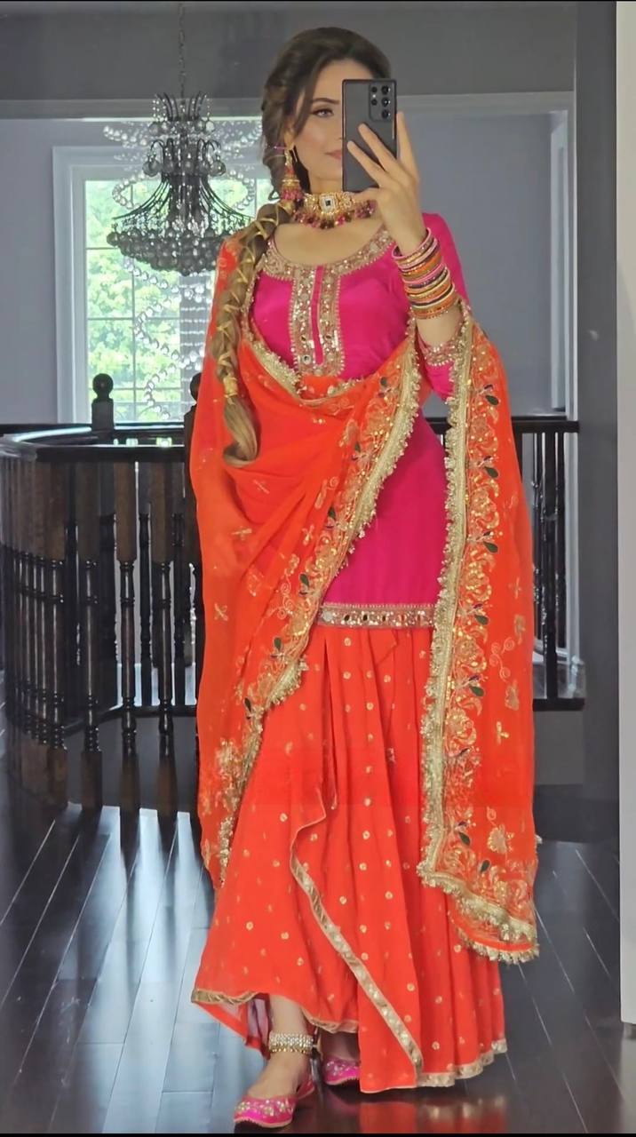 Heavy embroidered dhoti skirt set with mirror work and dupatta front view