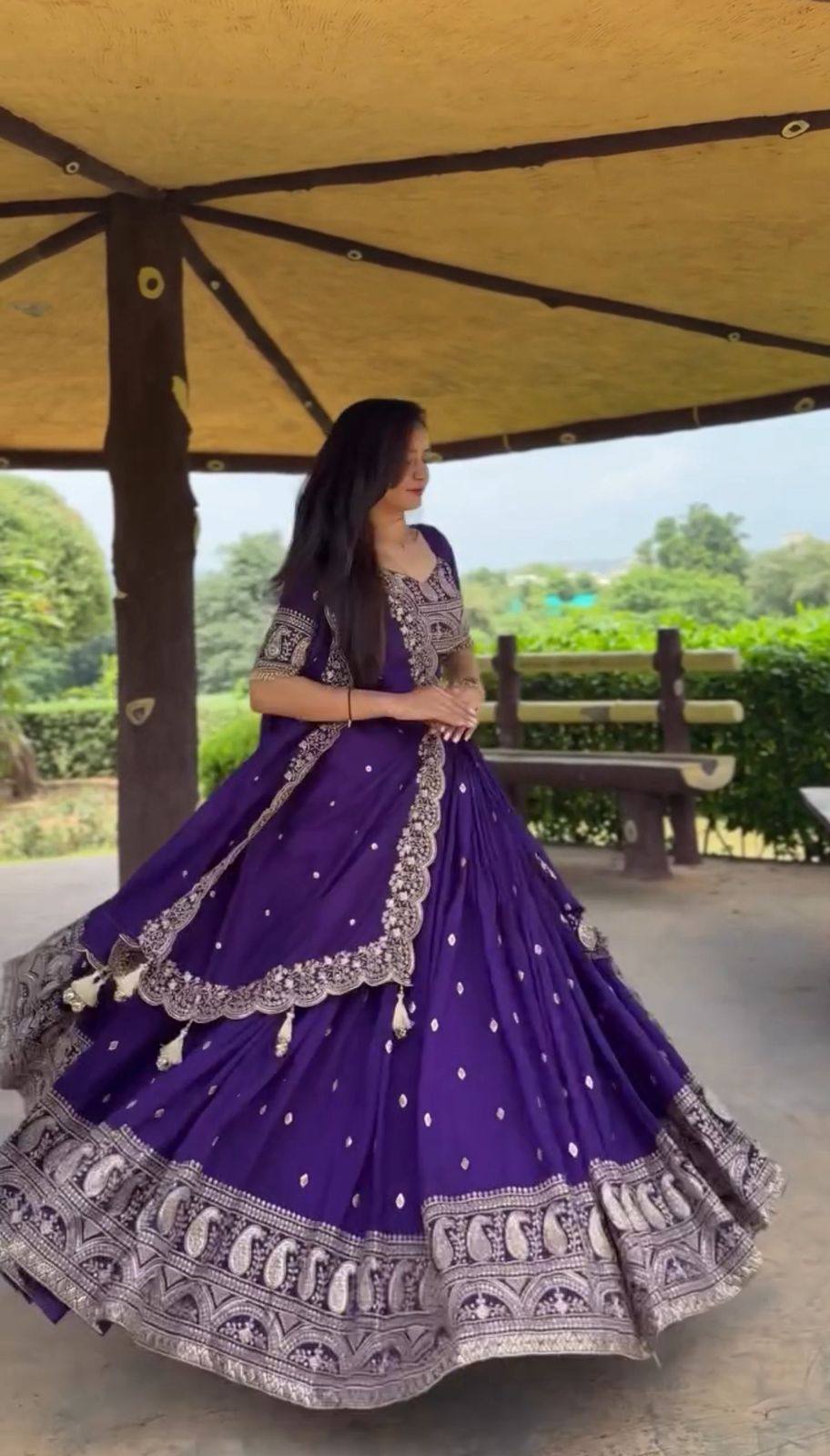 Heavy Embroidery Thread Work on Pure Chinon Wedding Lehenga