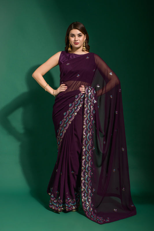 Heavy Georgette purple saree with multi colour sequin floral work and designer border front view