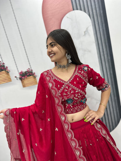 Heavy embroidered red lehenga choli for festive, party and wedding occasions