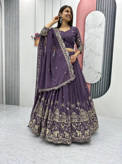 Lavender Purple Embroidered Chinon Silk Lehenga Choli | for Sangeet, Mehendi & Reception
