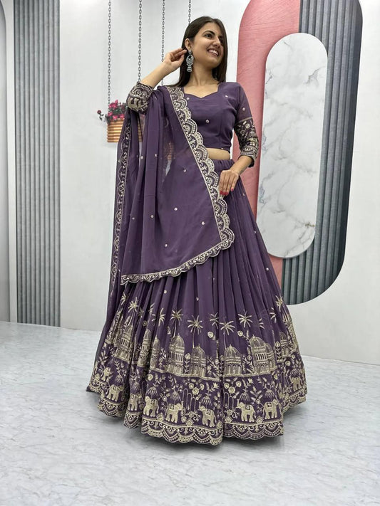 Lavender Purple Embroidered Chinon Silk Lehenga Choli | for Sangeet, Mehendi & Reception