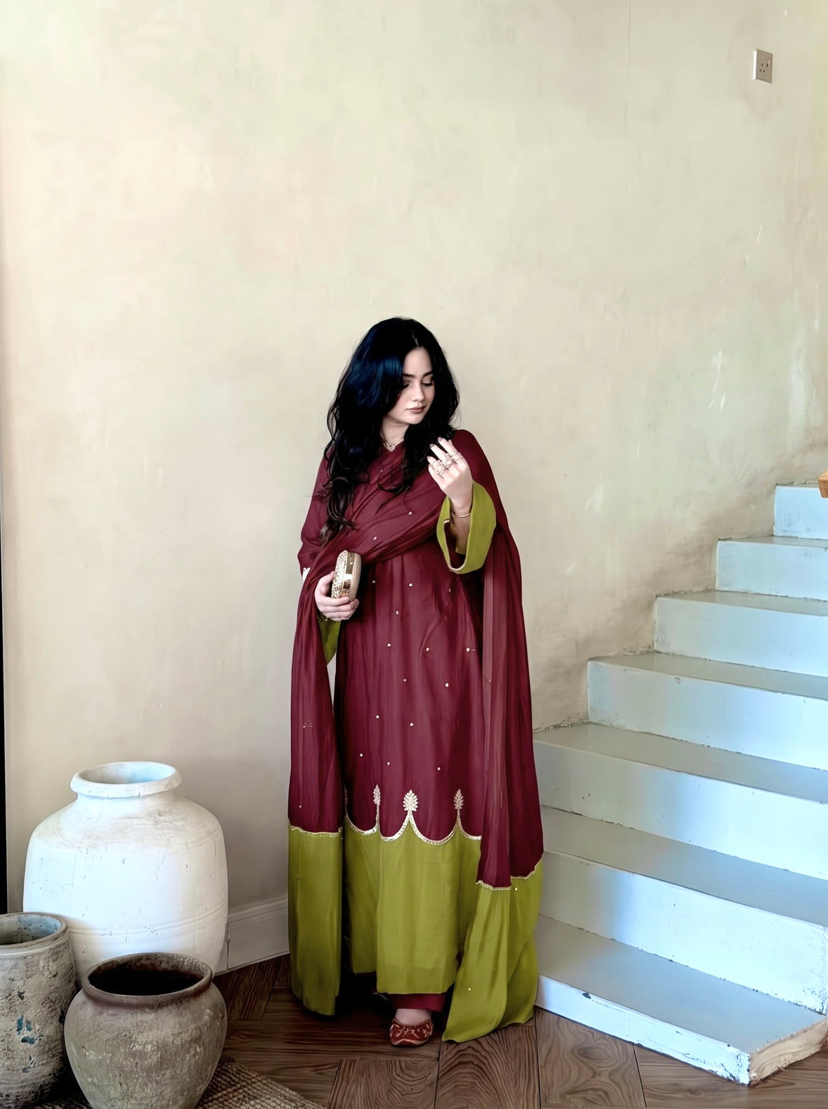 Designer Pure Roman Silk Kaftan with Bell Sleeves, Palazzo & Lace Border Dupatta – Party & Festive Wear