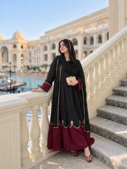 Designer Pure Roman Silk Kaftan with Bell Sleeves, Palazzo & Lace Border Dupatta – Party & Festive Wear