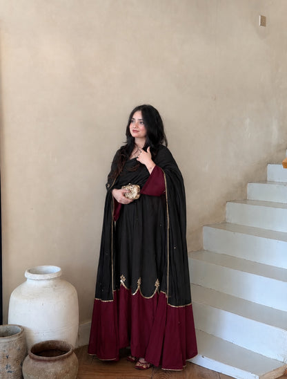 Designer Pure Roman Silk Kaftan with Bell Sleeves, Palazzo & Lace Border Dupatta – Party & Festive Wear