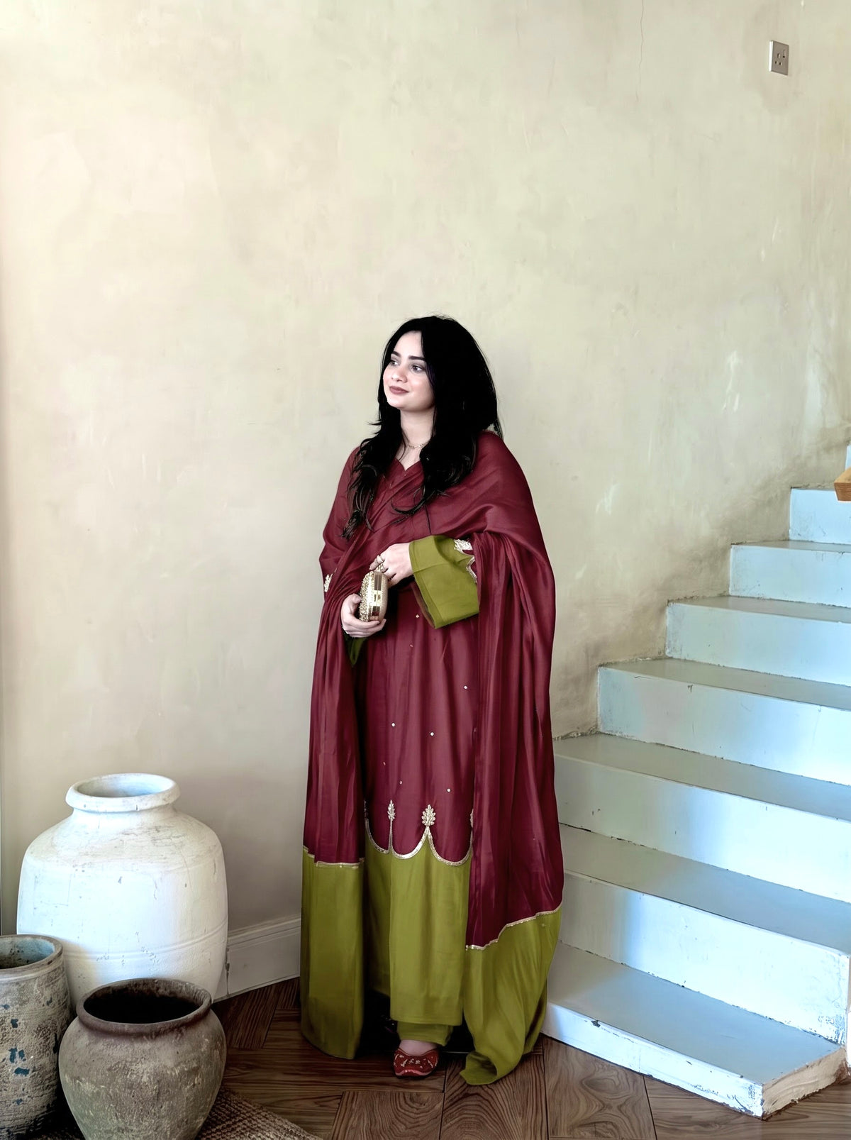 Designer Pure Roman Silk Kaftan with Bell Sleeves, Palazzo & Lace Border Dupatta – Party & Festive Wear