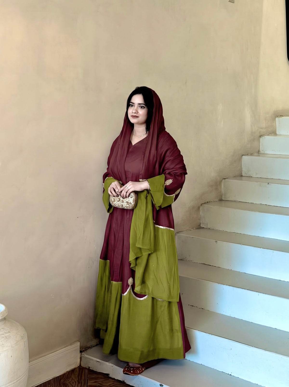 Designer Pure Roman Silk Kaftan with Bell Sleeves, Palazzo & Lace Border Dupatta – Party & Festive Wear