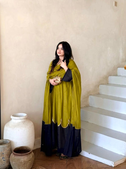 Designer Pure Roman Silk Kaftan with Bell Sleeves, Palazzo & Lace Border Dupatta – Party & Festive Wear