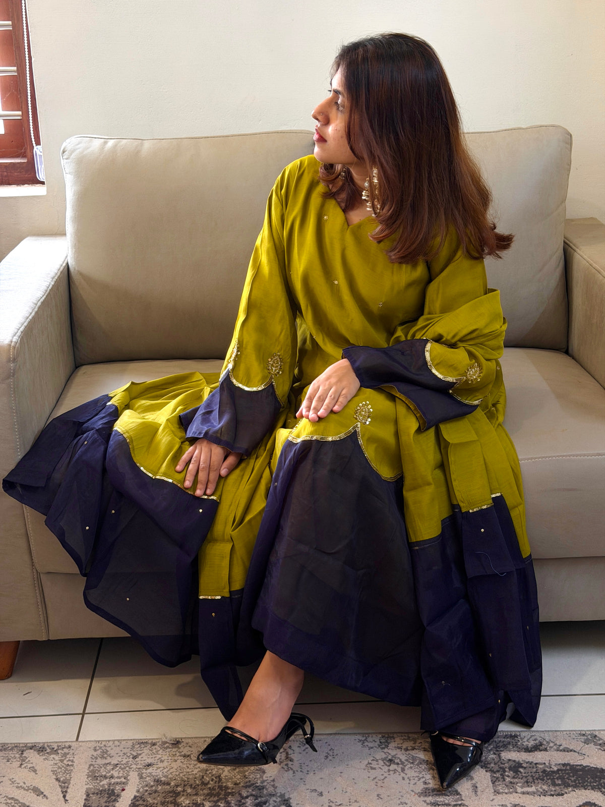 Designer Pure Roman Silk Kaftan with Bell Sleeves, Palazzo & Lace Border Dupatta – Party & Festive Wear