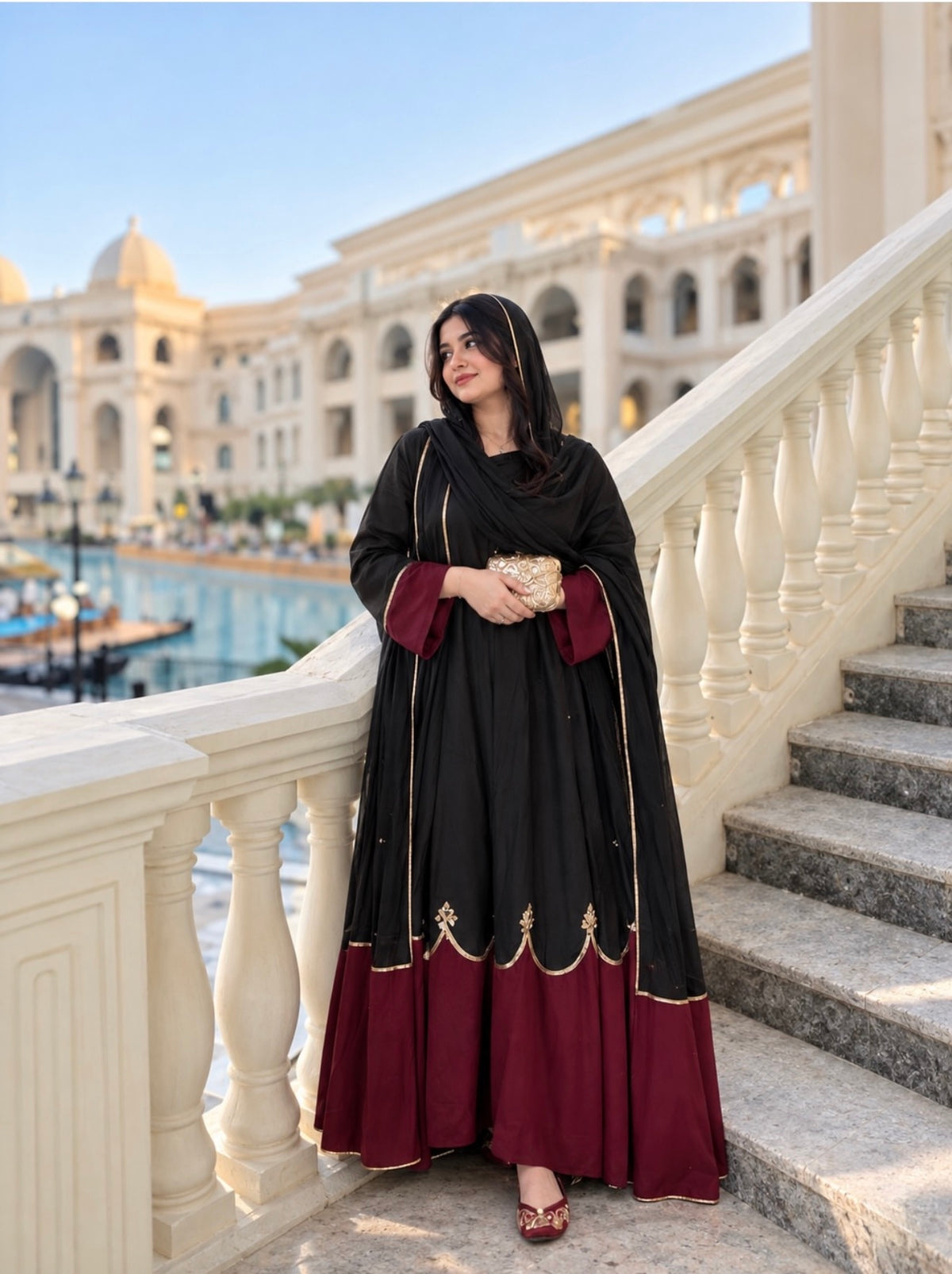 Designer Pure Roman Silk Kaftan with Bell Sleeves, Palazzo & Lace Border Dupatta – Party & Festive Wear