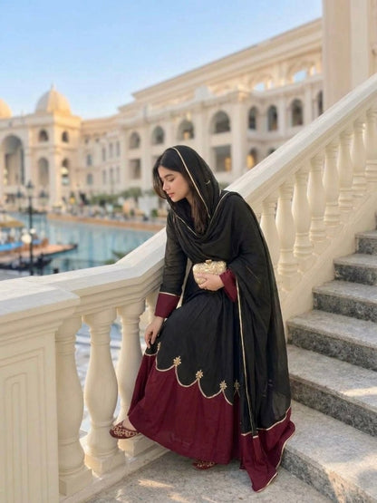 Designer Pure Roman Silk Kaftan with Bell Sleeves, Palazzo & Lace Border Dupatta – Party & Festive Wear