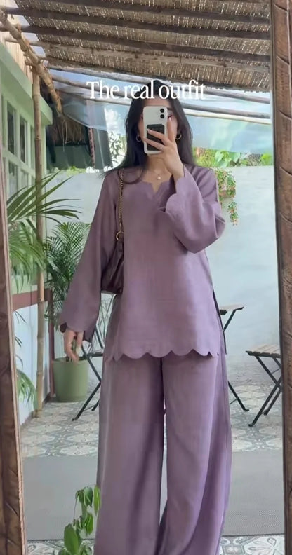 Lavender scallop hem co-ord outfit with wide leg pants