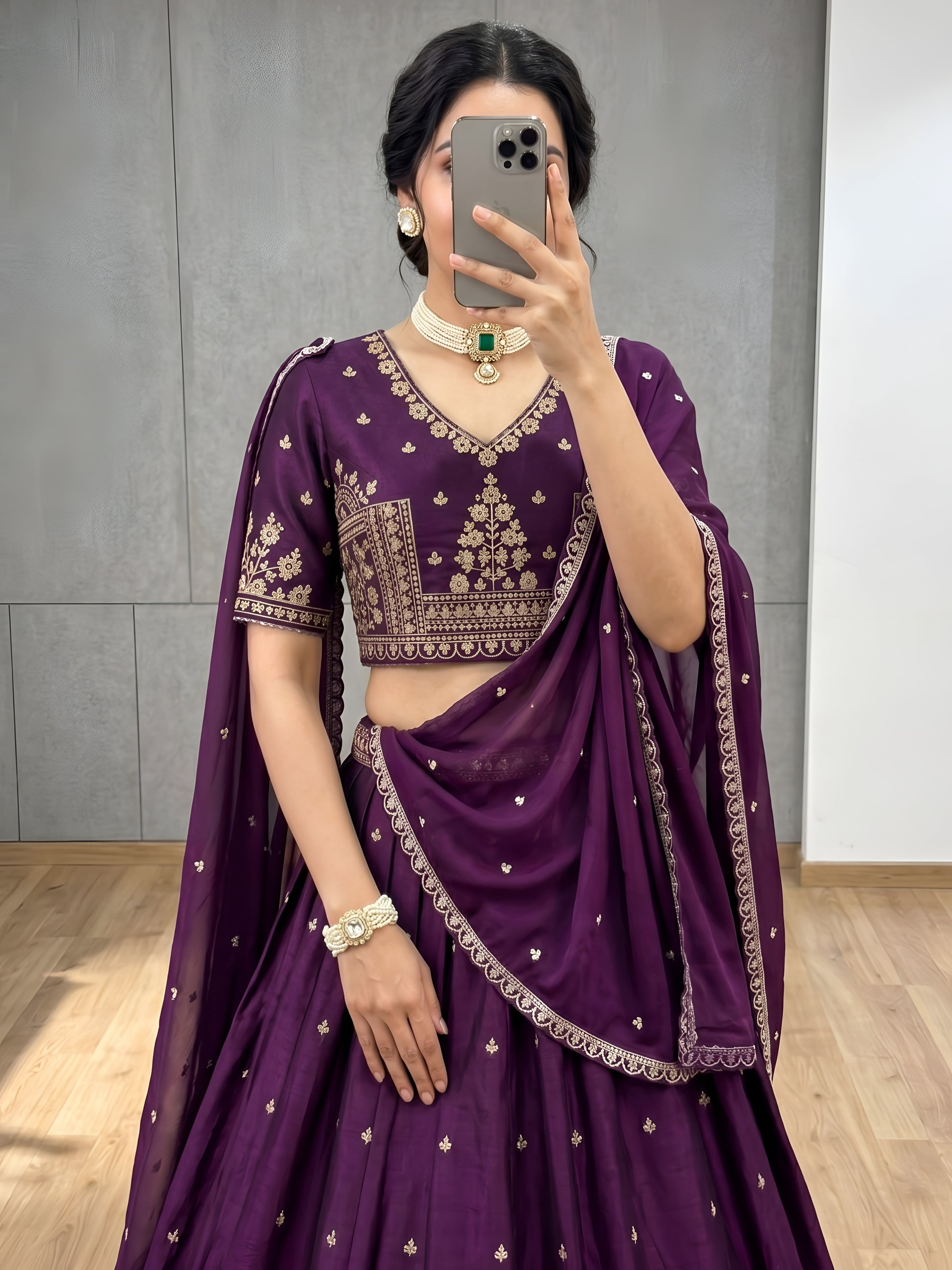 Luxury Royal Purple Silk Lehenga Choli with Matching Dupatta for Women