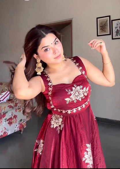 Maroon Embroidered Fendy Silk Anarkali Suit – Perfect for Wedding & Festive Wear