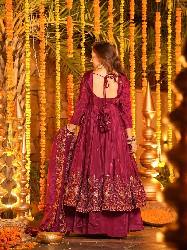 Premium Maroon Embroidered Crepe Silk Anarkali Suit with Dupatta | Festive & Wedding Wear