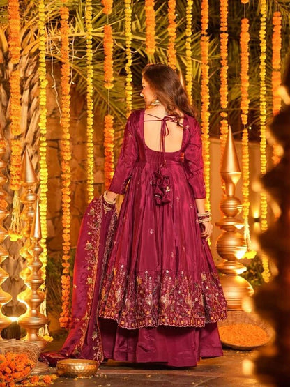Premium Maroon Embroidered Crepe Silk Anarkali Suit with Dupatta | Festive & Wedding Wear