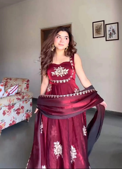 Maroon Embroidered Fendy Silk Anarkali Suit – Perfect for Wedding & Festive Wear