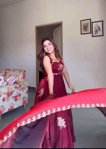 Maroon Embroidered Fendy Silk Anarkali Suit – Perfect for Wedding & Festive Wear