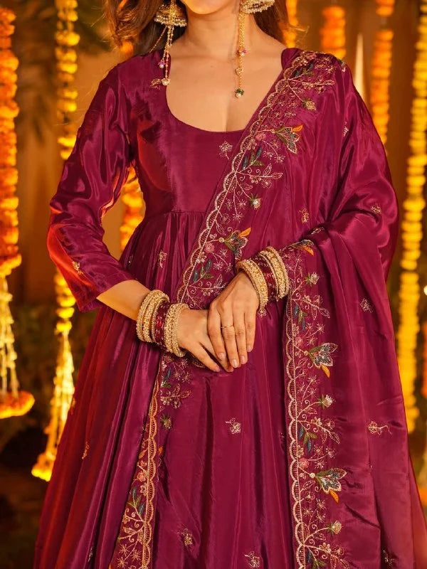 Premium Maroon Embroidered Crepe Silk Anarkali Suit with Dupatta | Festive & Wedding Wear