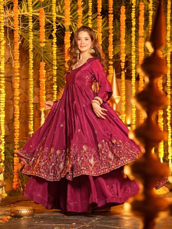 Premium Maroon Embroidered Crepe Silk Anarkali Suit with Dupatta | Festive & Wedding Wear