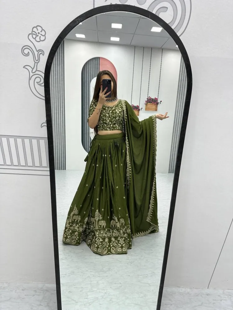 Mehendi Green Chinon Silk Lehenga with Intricate Embroidery Work