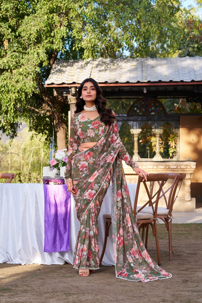 Elegant mehendi floral printed soft georgette party wear saree for women