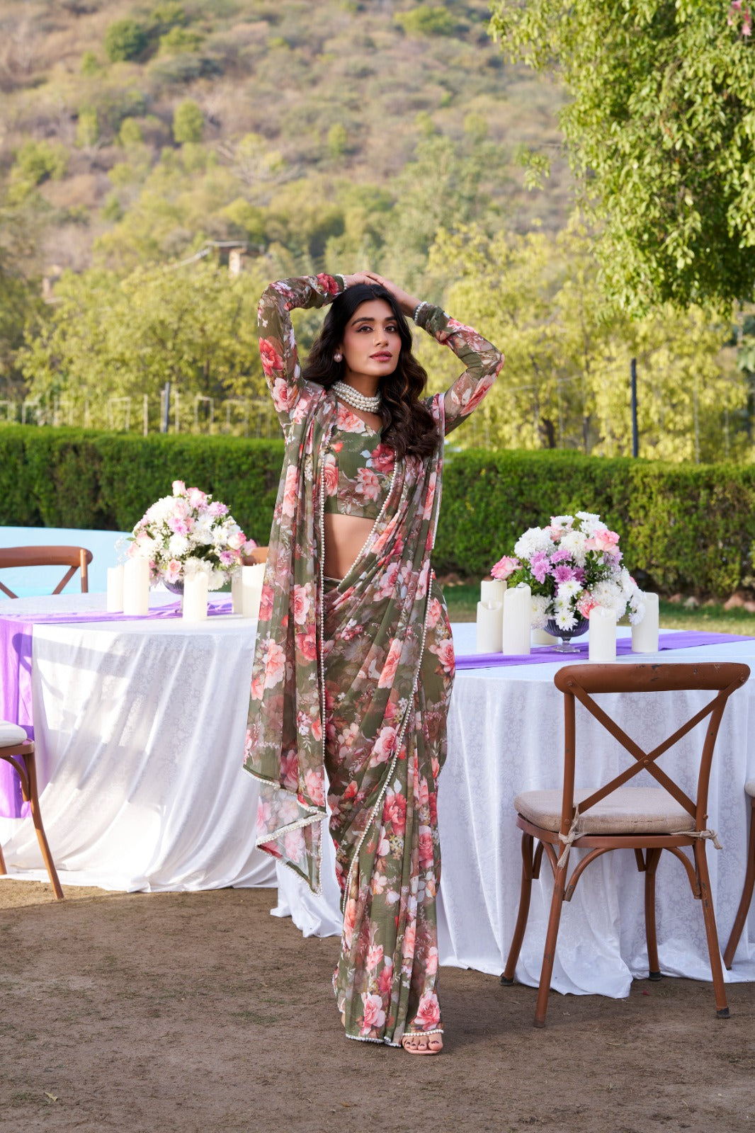 Mehendi soft georgette floral printed saree with designer moti lace border